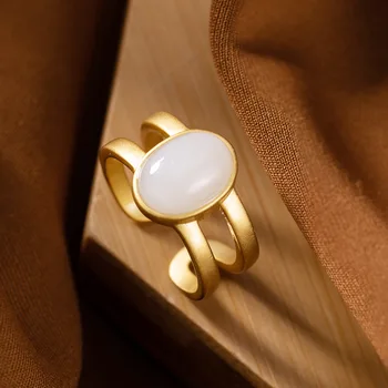 

pure silver gold-plated Hetian jade white jade personality high grade lady simple and versatile open ring ring ring