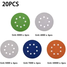 Disques de ponçage 5 pouces, grain 3000 – 10000, 8 trous, crochet et boucle, papier de verre sec humide, pour ponceuse orbitale aléatoire, polissage, 20 pièces