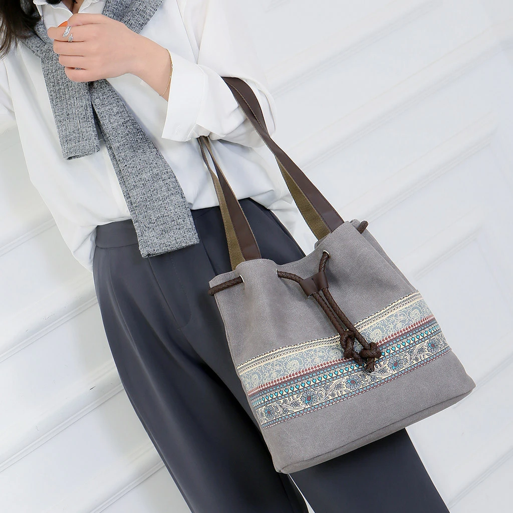 Style Canvas Handbags Women Drawstring Bucket Bag Lady Cheap Shoulder Single Shoulder Shopping Bags Floral Printed Beach Bag 820