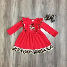 Рождественское зимнее Хлопковое платье с леопардовым принтом Красного оленя для маленьких девочек; детская одежда с оборками; изысканные наряды с бантом и длиной до колена