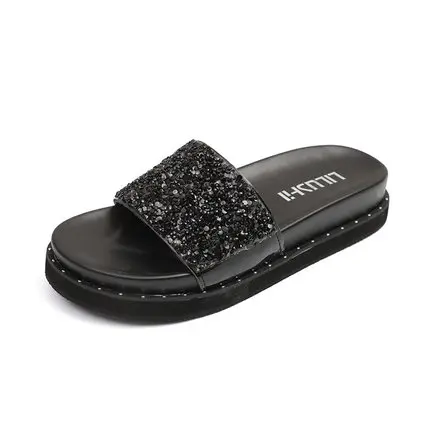 Summer Fashion Sequined Rhinestone Thick-soled  Korean version Flat-bottomed Wear-resistant Women's Sandals  Slippers