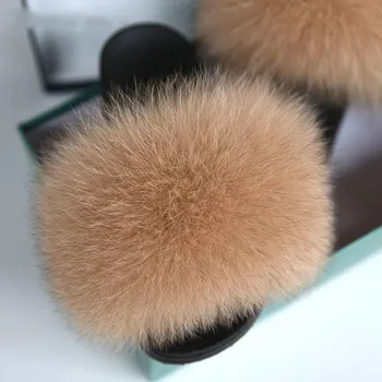 

2020 Real Fox Fur Slippers Summer Fur Slides Women Sliders Flip Flop Lady Outdoor Indoor Sandal Natural