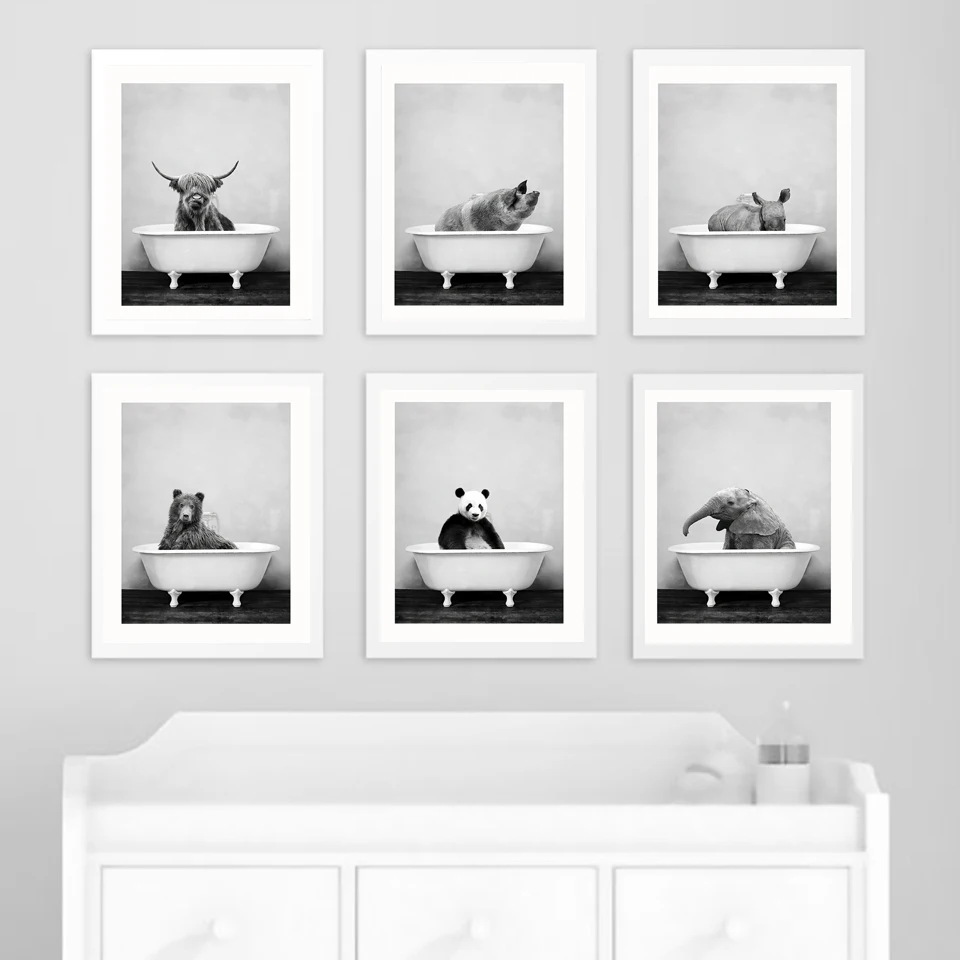 主图_Baby_Animal_in_Bathtub_Poster_Panda_Giraffe_Elephant_Lion_Pig_Cow_Canvas_Painting_Nursery_Wall_Ar