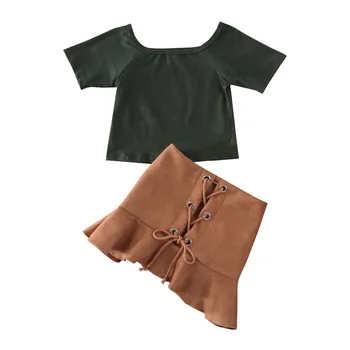 

Summer Toddler Kid Baby Girls Fashion Clothes Short Sleeve Round Neck Tops T-Shirt Ruffles Bandage Skirts Children Outfit