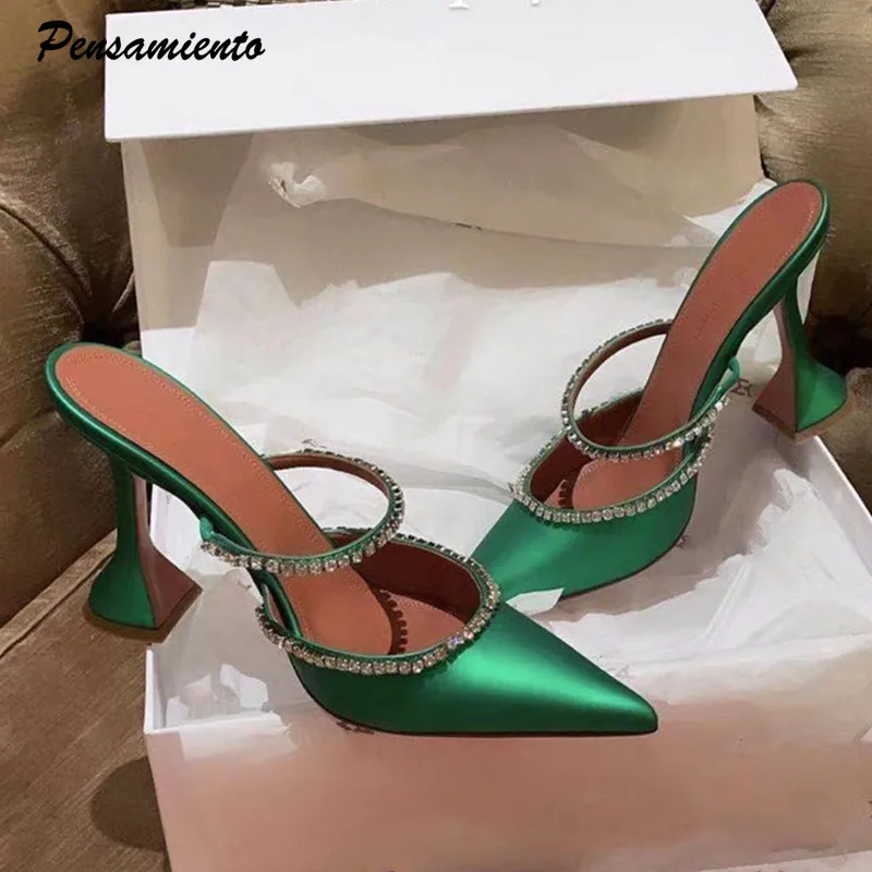 2024 strass raso donna décolleté pantofole elegante punta a punta tacchi alti Lady Mules Sildes Summer Fashion Party prom Shoes