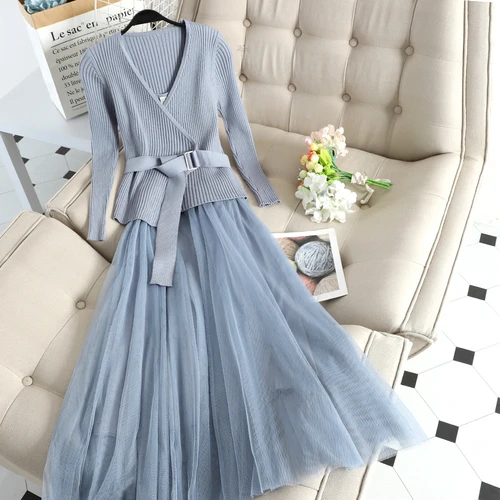 blue Neploe осень зима маленький аромат кружева Camis лоскутное Средний длинный трикотажный свитер платье два вида Женский комплект элегантный 46695 - Цвет: blue