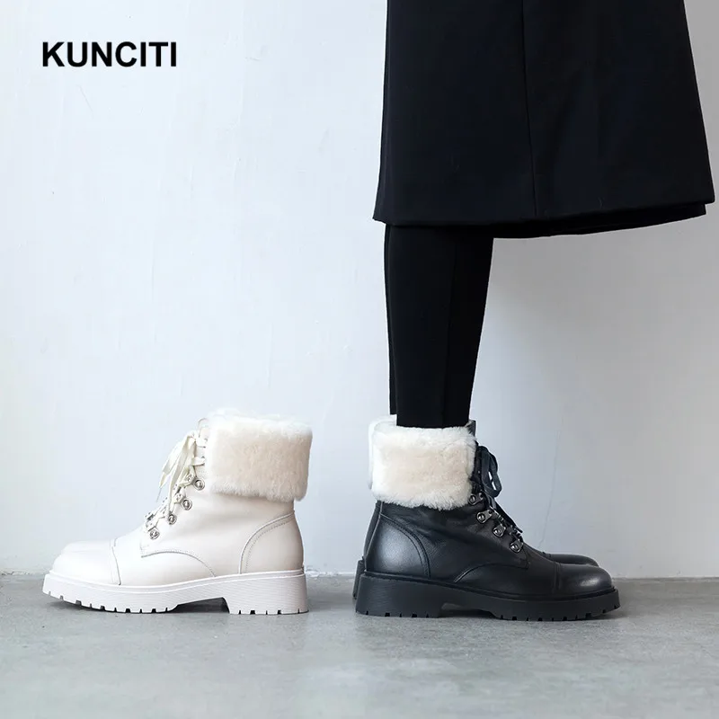 KUNCITI/; теплые зимние ботинки из натуральной кожи; Зимние ботильоны на шнуровке с защитой от холода; женские Ботинки martin с заклепками; D9248