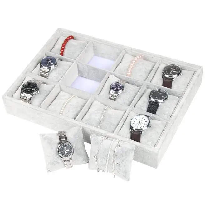 New Arrival Ice Grey Velvet Jewelry Tray Jewelllery Storage Box Watch Holder Necklace Ring Earrings Pendant Display Organizer