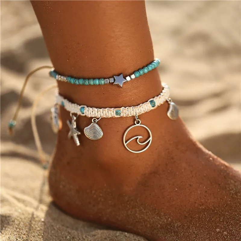 Boho Ocean Beach Sea Shell Cowrie Ankle Bracelet Multi Layer Beads Adjustable String Macrame Mussel Seashell Anklets for Women