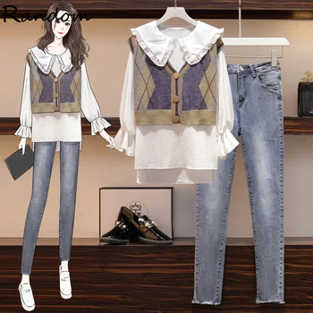 

Elegant Cute Three-Piece Set Women Shirt And Knit Vest Top And Jean Pant Suit Workwear Plus Size Matching Cloth Fall OL Outfit