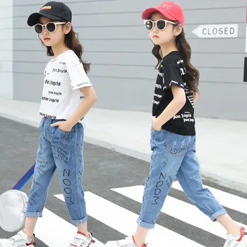 

Summer Clothes Girl 2019 Children White/black T-shirts and Blue Denim Pants Letter Print Tops Toddler Kids Clothing Set 6 8 12y