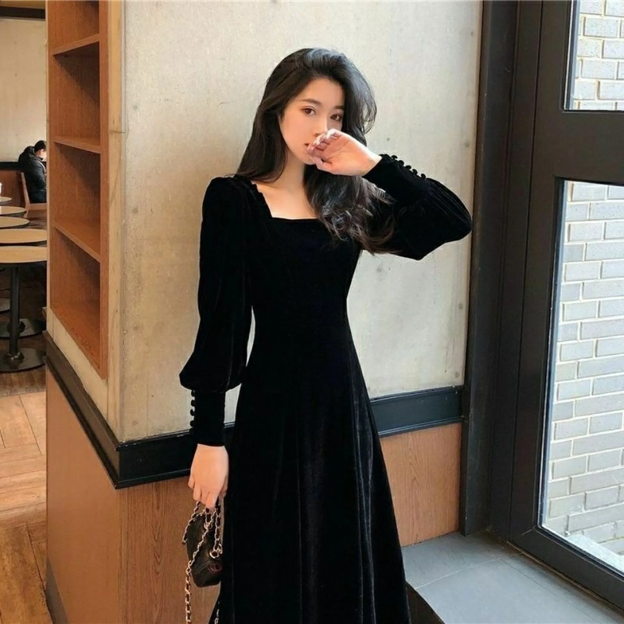 2020 square neck new fashion women's dress Korean version slim and slim long sleeve velvet medium length