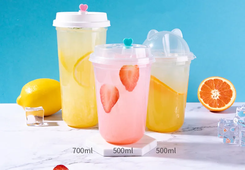 50pcs 90 caliber U-shaped disposable cups 400ml transparent coffee tea juice cold hot drink takeaway packaging cups with lid