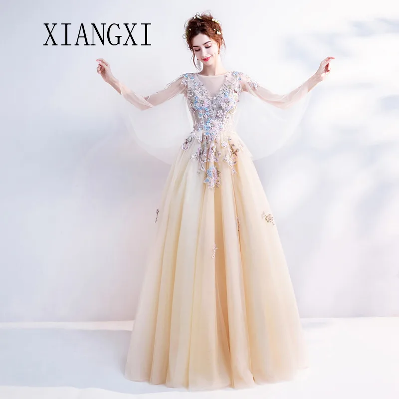 

Robe De Soiree Champagne Long Dresses O-Neck Sleeves 3D Flower A-Line Evening Dresses Long Formal Party Gowns Vestidos de festa