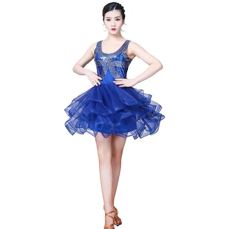 Новое платье для латиноамериканских танцев, костюм для выступлений, сетчатые платья для танцев с блестками, Женский костюм для латиноамериканских танцев, бальное платье для ча-ча - Цвет: Blue