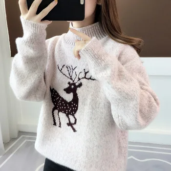 

Autumn Winter Women Turtleneck Knitted Sweaters And Pullovers Female Loose Cartoon Sweater Ladies Casual Jumper