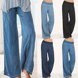 Большие размеры женские джинсовые широкие брюки джинсы эластичные брюки с высокой талией Женская одежда повседневные брюки