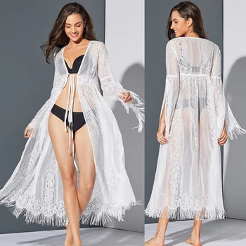 

Summer Lace Cape Openwork Mesh Cardigan Women's Long Sleeve Beach Tassel Cardigan White