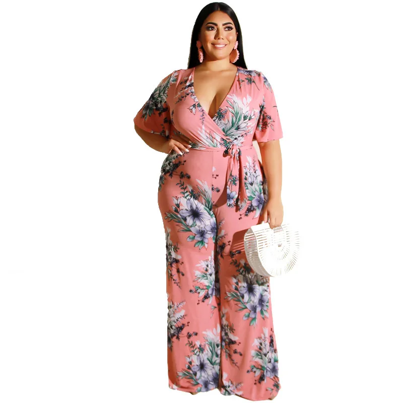 Комбинезон с цветочным принтом размера плюс прямой Свободный Длинный комбинезон