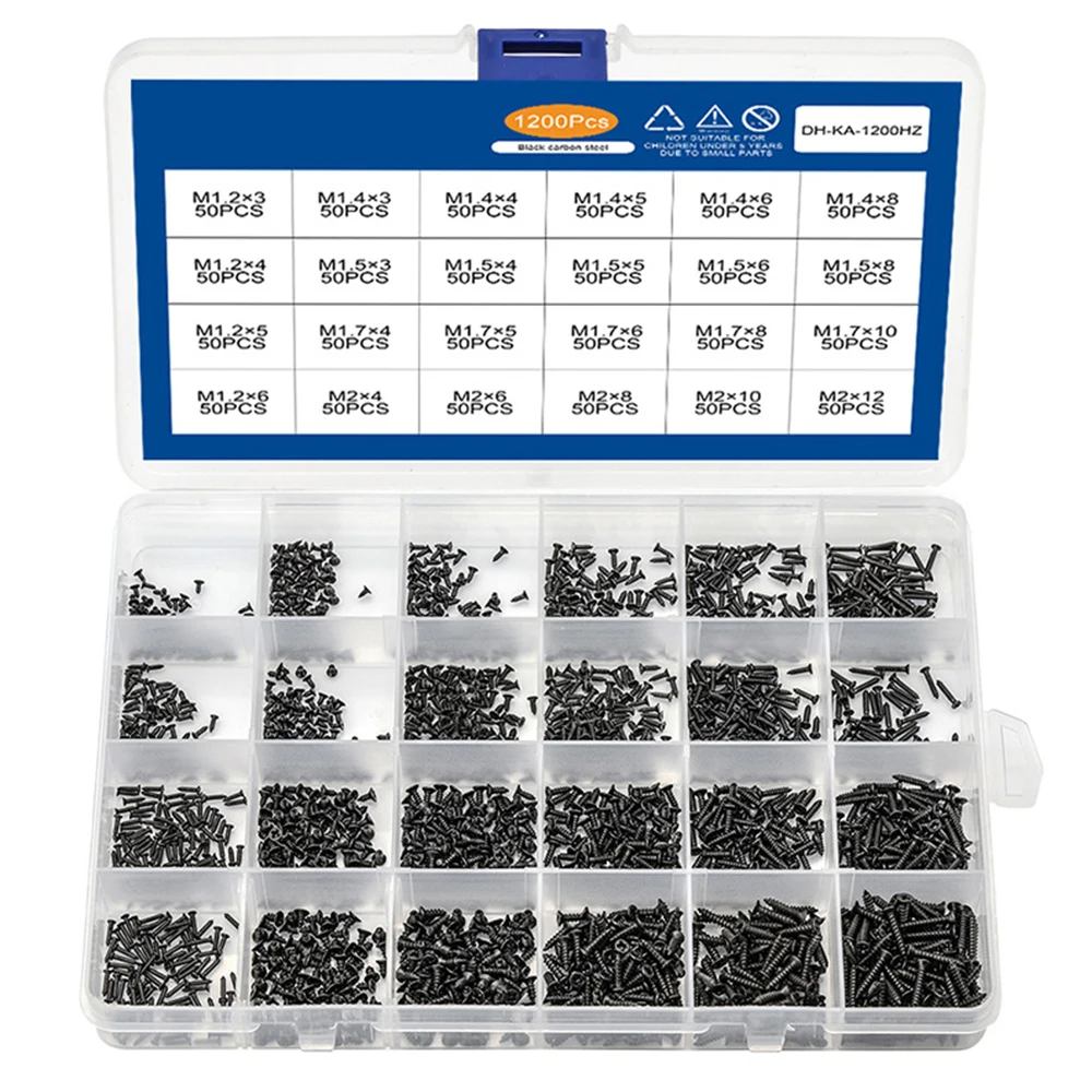 

1200Pcs/Box M1.2 M1.4 M1.5 M1.7 M2 Black Cross Countersunk Head Tapping Screw Boxed Phillips Flat Screw Assortment Kit