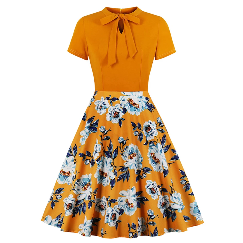 

Orange Flower Dress Summer Bow Neck Short Sleeve Floral Print Casual Tunic Robe Femme Women A Line Vintage Retro Skater Dresses