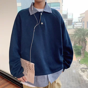 

2019 Spring And Autumn New Loose Trend Men's Casual Lapel Sweatshirt Solid Color Long-sleeved Fake Two-piece Pullover
