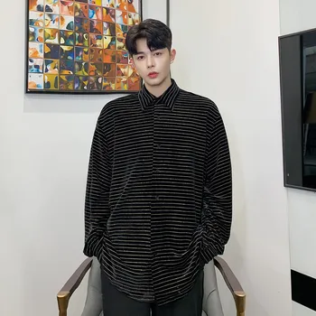 

Men Vintage Fashion Loose Long Sleeve Casual Shining Stripe Shirt Male Streetwear Hip Hop Punk Gothic Shirts Stage Show Costumes