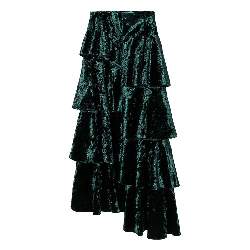 OMIKRON New Fashion Elegant Ruffle Irregular Maxi Velvet Skirt Autumn Women Boho High Waist Pleated Long Skirt Saias Longas
