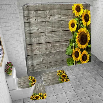 

4pcs Shower Curtain Set Rugs Non Slip With Hooks Toilet Lid Cover Bathroom Soft Dorm Bath Mat Sunflower Print Home Decor Hotel