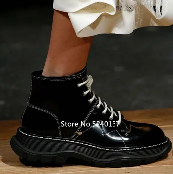 

Thick Bottom Black Leather Women Ankle Boots Round Toe Rivets Studded Lace-up New Fashion Design Motorcycle Boots Femme