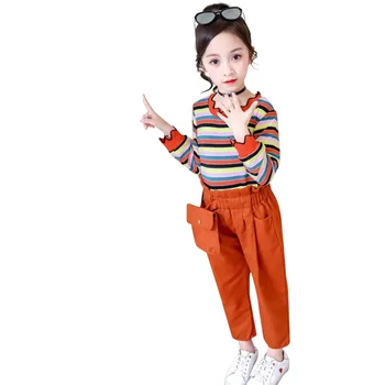 

Girls Clothes Striped T Shirt & Pants Suits For Girl Lace O-Neck Outfit For Girls Spring Autumn Casual Children's Suits For Girl