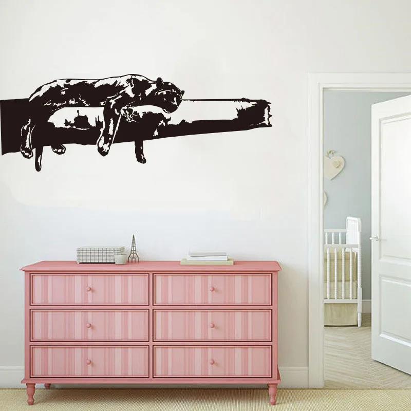 Cartoon Panther Sleeping On The Tree Wall Sticker Nursery Playroom Big Cat Safari Animal Jungle Wall Decal Bedroom Vinyl  (2)