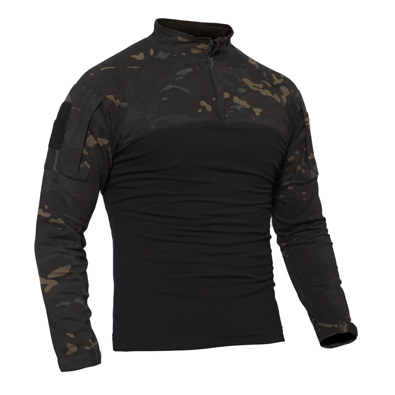 Трикотажная хлопковая боевая рубашка тактические полевые Военные рубашки мультикам черный(SKU051348