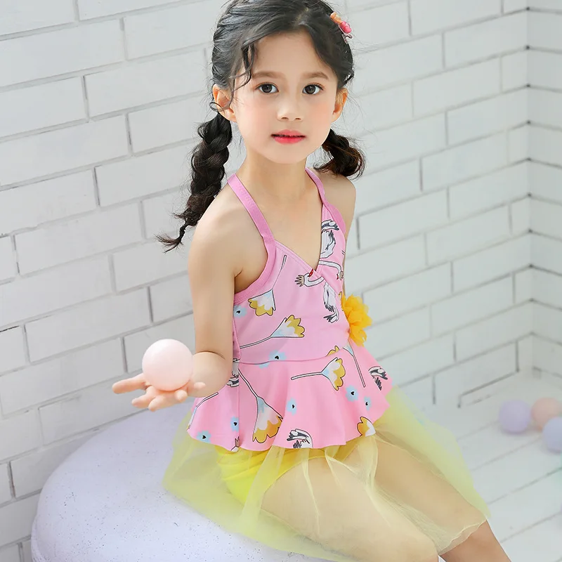 

Girl'S Swimsuit Hipster Korean-style Mesh Dress Back Cross Boxer Children Two-piece Swimsuits Swimming Suit Wholesale
