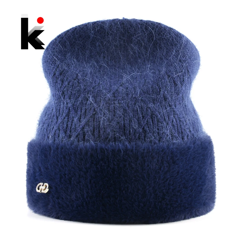 

Knitted Wool Hat For Women Winter Warm Rabbit Fur Beanie Ladies Elegant Skullies Cap With Rhinestones High Quality Female Bonnet