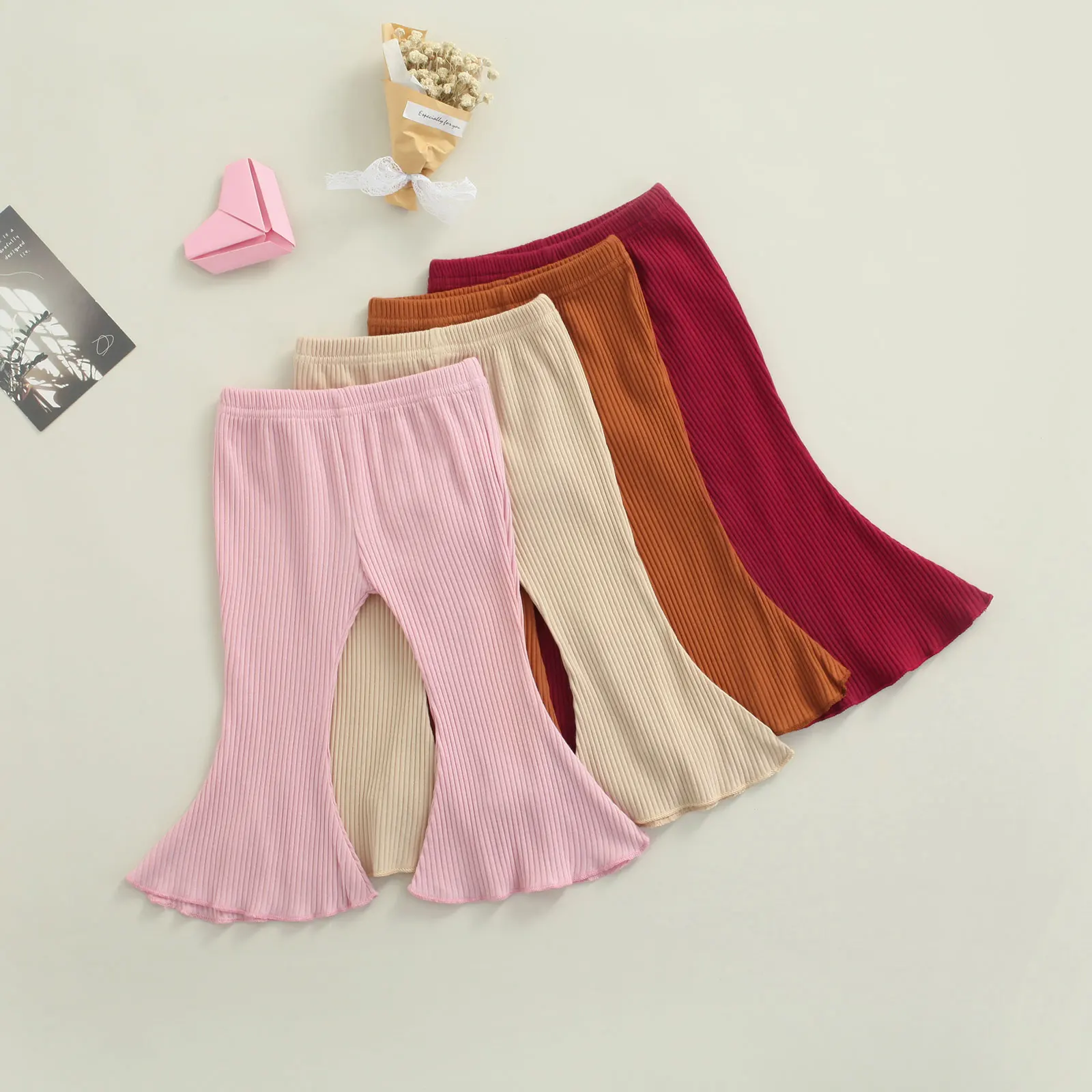 Baby Girls Casual Trousers, Toddler Solid Color Elastic Waist Flared Pants, Wine Red/ Light Khaki/ Pink/ Brown, 3-24 Months