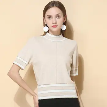 

masigoch high quality 100% merino wool short sleeve turtleneck sweater woman fashion chic striped pullover