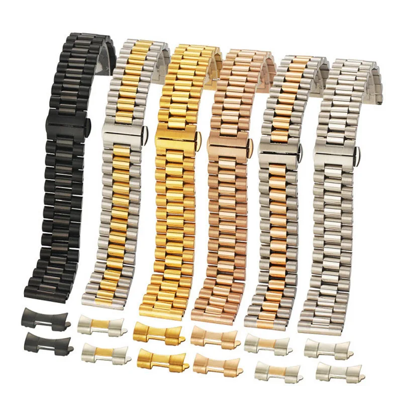 Premium Solid Stainless Steel Watch Band Replacement Strap with 3-Row Design and Tool Kit