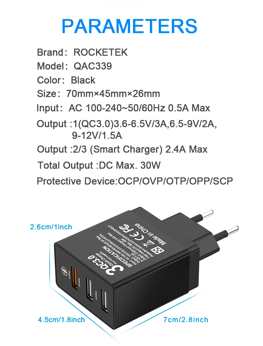 Зарядное устройство Rocketek USB Quick Charge QC 3,0 2,0 a, быстрое зарядное устройство USB для мобильного телефона, подходит для samsung Xiaomi 5 huawei