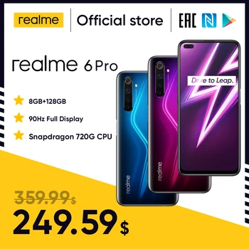Перейти на Алиэкспресс и купить Realme 6 Pro Unlockphone 8 ГБ ОЗУ 128 Гб ПЗУ мобильный телефон Snapdragon 720G 4200 мАч аккумулятор 30 Вт быстрая смена смартфонов с камерой 64 мп