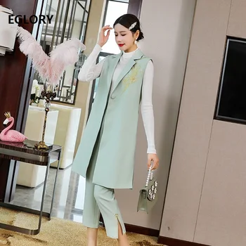 

Top Quality Clothing Sets 2020 Autumn Winter Long Coat Suit Woman Luxurious Embroidery Vest Jackets+Skinny Pants & Capris Sets