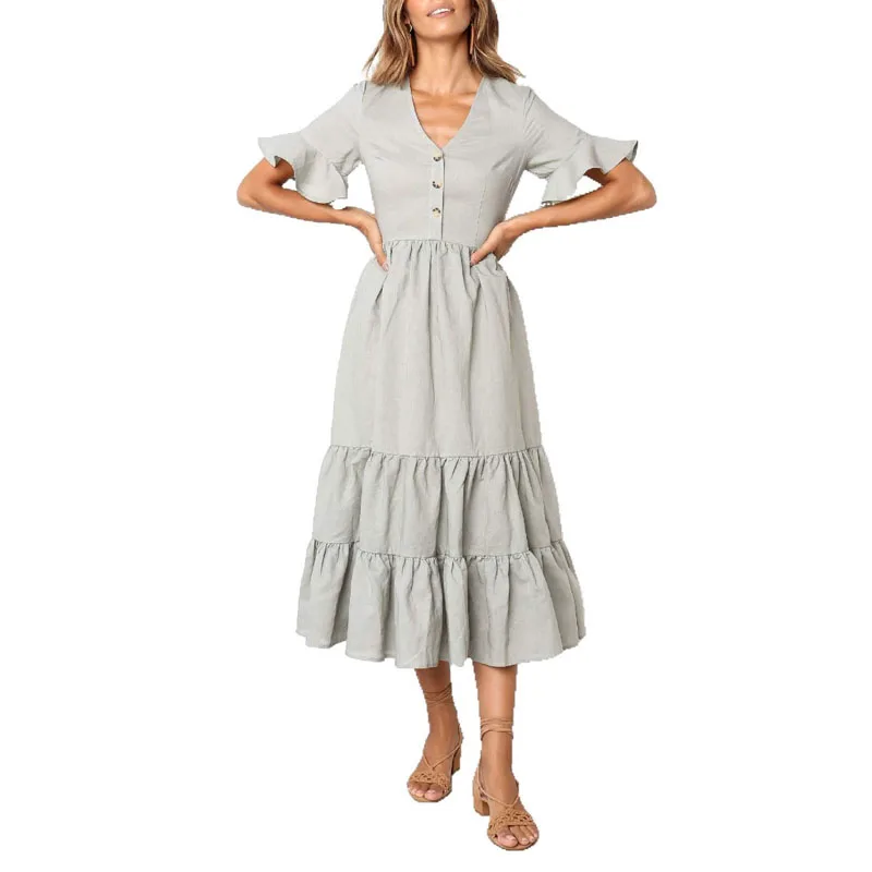 Solid Women Dress Ladies Beach Summer Party Button Down Sundress Pleated Boho Swing A-Line V-Neck Ruffles Elegant | Женская одежда