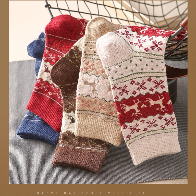 5 пар, женские теплые носки, удобные теплые шерстяные носки до середины икры, рождественские носки со снежинками и оленем, подарки, дамские безумные носки