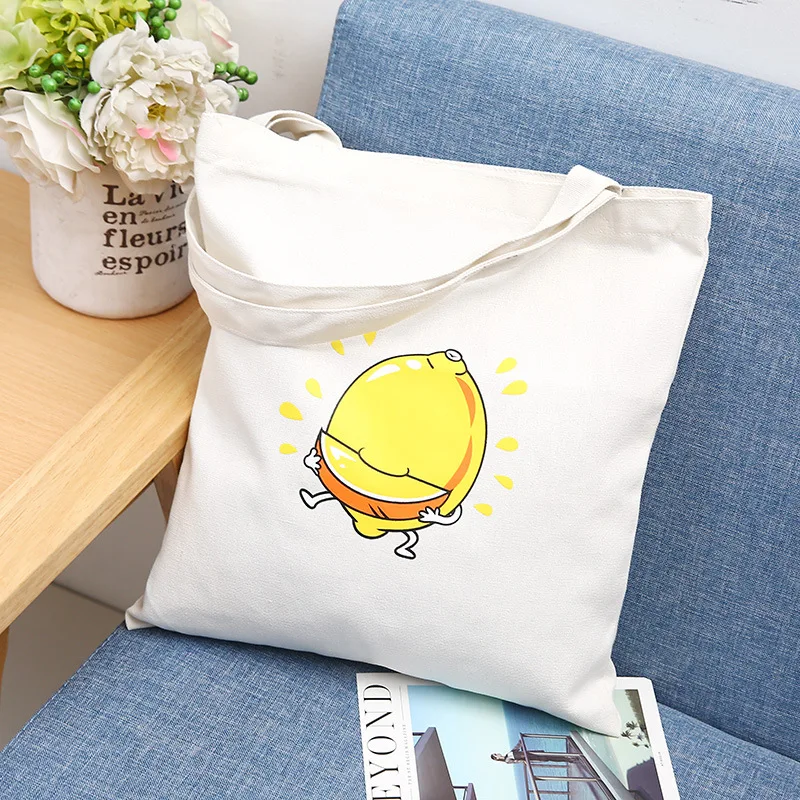 Большая вместительная Холщовая Сумка-тоут, хлопковая холщовая многоразовая сумка для покупок, женские пляжные сумки, сумки для покупок с фруктовым принтом - Цвет: lemon white