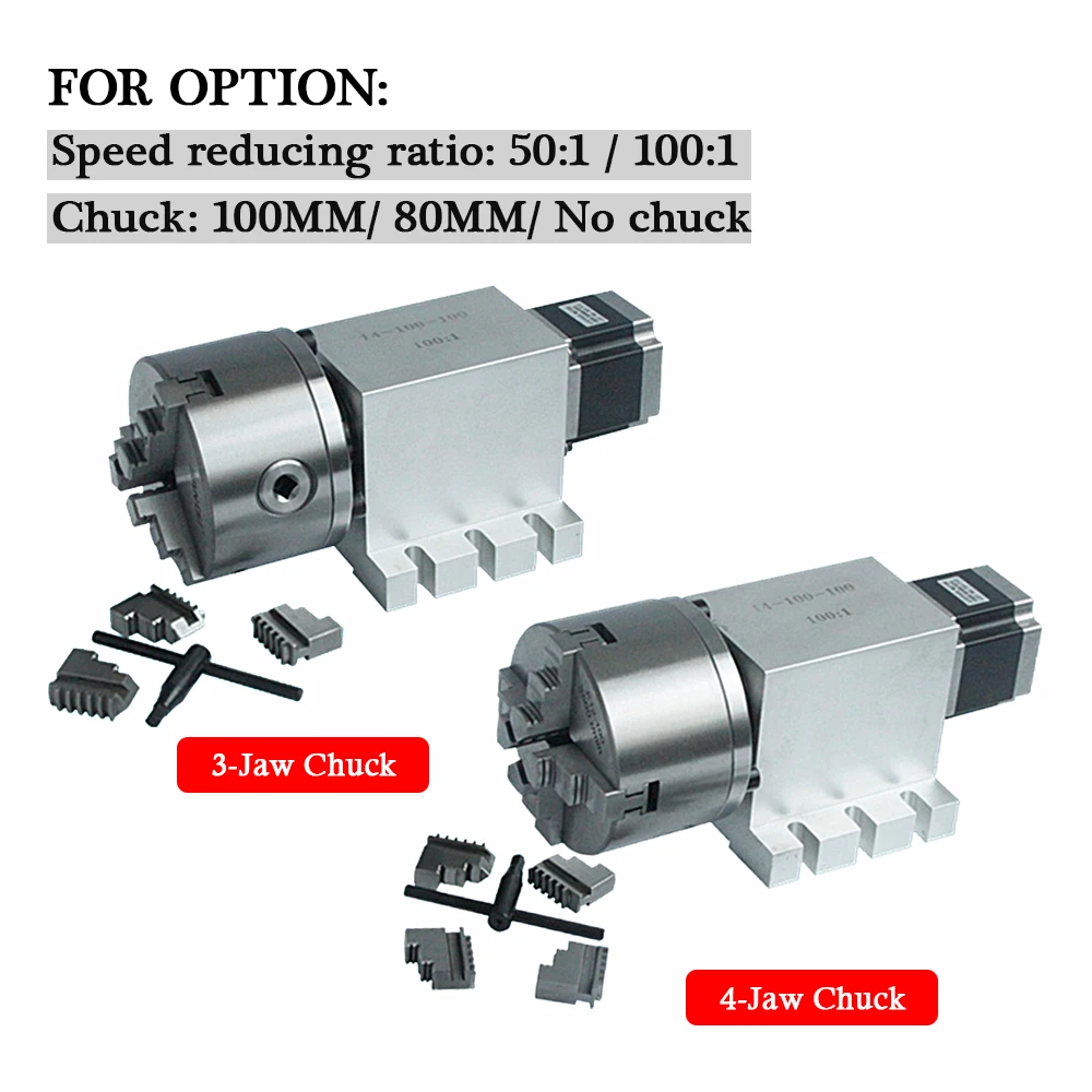 

CNC 4th A aixs rotary axis Harmonic driver + tailstock 3 4 Jaw Chuck 80mm 100mm Speed reducing ratio: 50:1 100:1 for CNC Router