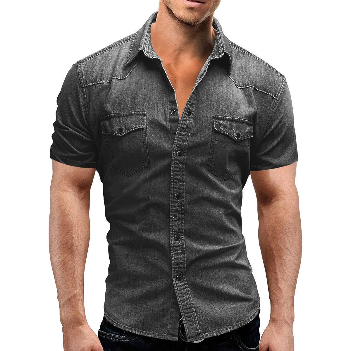 Camisa de manga corta para hombre, pantalones vaqueros elásticos con dos bolsillos, algodón ropa de verano, 2022|Camisas informales| - AliExpress