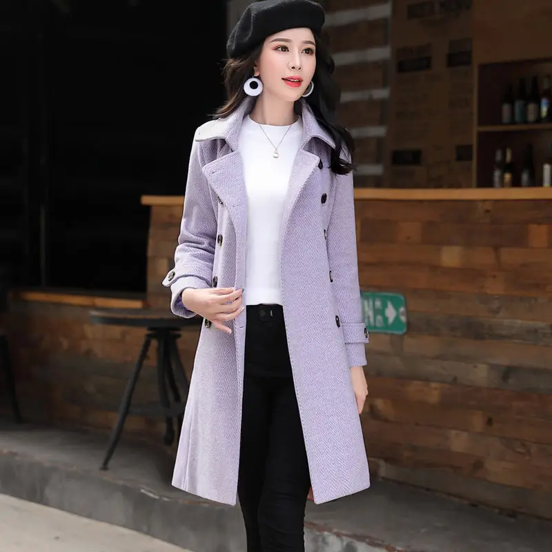 light purple Корейское приталенное шерстяное пальто, женское новое осеннее и зимнее модное повседневное двубортное пальто с узором в елочку, Женский Тренч f2514 - Цвет: light purple
