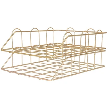 

Metal Stackable Paper Tray, Desk Organizer Office Supplies Stackable File Document Letter Tray Set Of 2, Gold