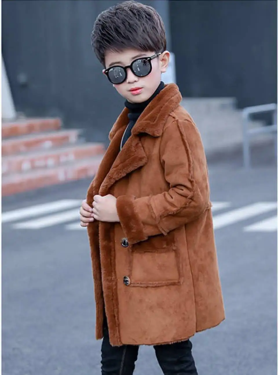 Модное шерстяное пальто на осень и зиму для мальчиков 4, 6, 8, 10, 12, 14 лет, длинные детские куртки с отложным воротником, 3 цвета - Цвет: Коричневый