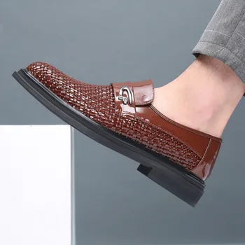 

Summer Breathable Hollowed Men Casual Business Shoes British Style Soft Bottom Slip-On Prepared Loafers Brown Black White